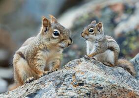 madre y bebé ardilla sentado en granito rock generado por ai. foto