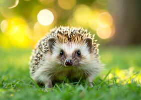 A close-up of a hedgehog on green grass, a small mammal known for its spiky coat. Hedgehogs are insectivores that help to control garden pests generated by AI. photo