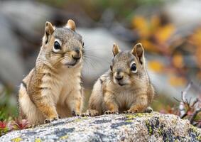 Mother and baby squirrel sitting on granite rock generated by AI. photo