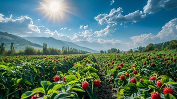 Close-up of strawberries growing in an strawberries grove under bright sun and blue sky generated by AI. photo