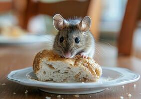 un rata es comiendo el un pan en el plato generado por ai. foto