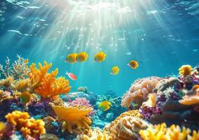 A colorful coral reef teeming with various fish species generated by AI. photo
