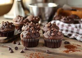 Double chocolate chip muffins on a wood table generated by AI. photo