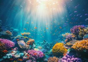 A colorful coral reef teeming with various fish species generated by AI. photo