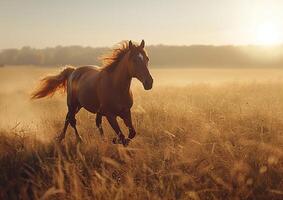 un caballo Galopando a través de un vasto, besado por el Sol campo generado por ai. foto