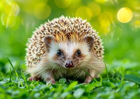 A close-up of a hedgehog on green grass, a small mammal known for its spiky coat. Hedgehogs are insectivores that help to control garden pests generated by AI. photo