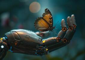 Close-up of a metallic robot hand with a colorful butterfly on the palm generated by AI. photo