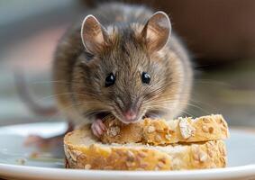 A rat is eating the bread in the plate generated by AI. photo