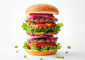 A big beef burger with layers on white background generated by AI. photo