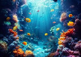 A colorful coral reef teeming with various fish species generated by AI. photo