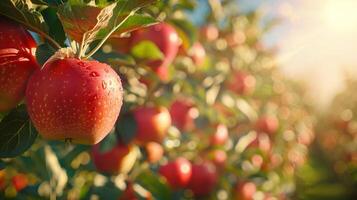 Close-up of apples growing in an apples grove under bright sun and blue sky generated by AI. photo