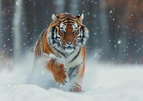 Tiger running in the snow generated by AI. photo