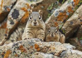 Mother and baby squirrel sitting on granite rock generated by AI. photo