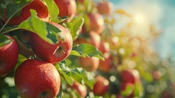 Close-up of apples growing in an apples grove under bright sun and blue sky generated by AI. photo