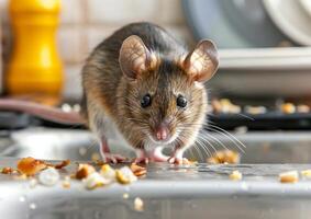 A rat at the sink with dirty dishes generated by AI. photo