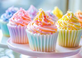 Colorful pastel cupcakes with cream generated by AI. photo