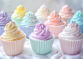 Colorful pastel cupcakes with cream generated by AI. photo