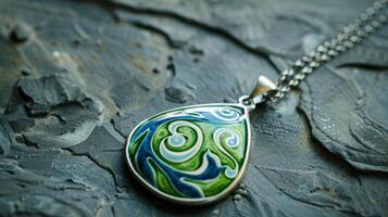 A finished ceramic pendant adorned with delicate swirls of blue and green glaze dangling from a sterling silver chain. photo