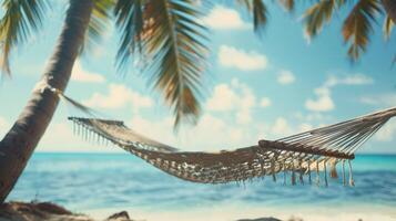 A hammock strung between two tall palm trees gently swaying in the ocean breeze photo