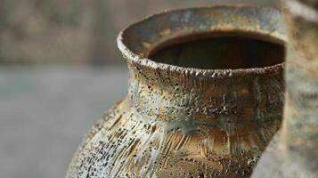 A set of pottery vases with a matte finish featuring rough uneven edges that give the illusion of being naturally weathered and aged. photo