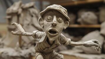 A partially finished clay character poised in midair waiting to be captured on camera for an animated scene. photo