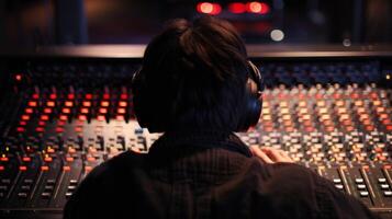 A person sits in front of a premium sound system adjusting the equalizer to perfection photo