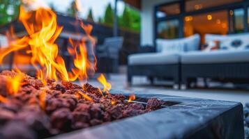 The outdoor patio is transformed into a cozy outdoor living area with the help of a contemporary fireplace producing a bold and vibrant red flame. 2d flat cartoon photo