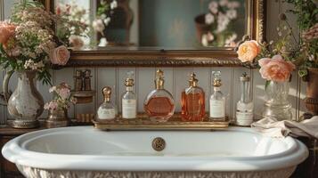 An elegant bathroom with a vintagestyle mirror and a collection of antique perfume bottles displayed on a shimmering tray photo