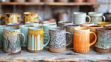 A set of rustic mugs each one unique with varied drip patterns and rough edges. photo