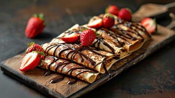 A stack of buttery crepes drizzled with rich chocolate sauce and topped with fresh strawberries served on a sleek wooden tray photo