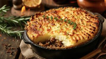 Indulge in a slice of warm and comforting cottage pie fresh out of the traditional fireplace and filled with savory meat and soft ery mashed potatoes photo