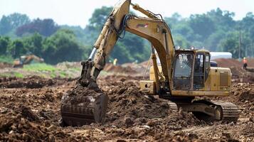 el excavadoras poderoso brazo excavación mediante capas de suelo como trabajadores preparar el trabajo preparatorio para un nuevo construcción proyecto foto