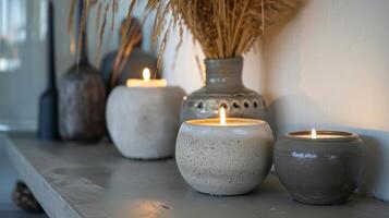 The simplicity of the concrete holders enhances the minimalist style of the room while the burning candles add a cozy touch. 2d flat cartoon photo