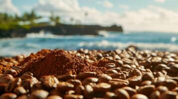 el aroma de recién suelo frijoles y el sonido de olas estrellarse en el antecedentes conjunto el Perfecto estado animico para un café saboreo en esta isla Aléjate foto