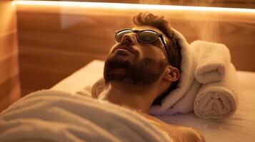 A man lying on a sauna lounger with a towel over his face infused with a blend of frankincense and cedarwood essential oils for a rejuvenating session. photo