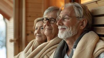 A photo of an elderly couple enjoying a sauna together thanks to thoughtful design elements that prioritize accessibility and comfort for all ages.