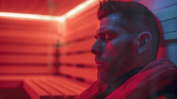 A firefighter meditating in the sauna using the quiet space and warmth to calm his mind and focus on his breathing. photo