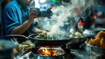 un foto de un taller partícipe capturar el chisporrotear y vapor de un recién cocido tropical plato en su cámara