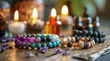 Aromatherapy diffuser bracelets are laid out on a table each one infused with a different essential oil for a personalized relaxation experience photo