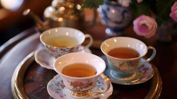 un trío de tazas de té lleno con diferente mezclas de té atractivo invitados a muestra y descubrir su nuevo favorito a un merienda tarde foto