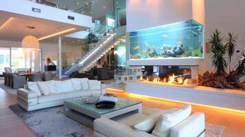 With a clean white and glass design this fireplace and aquarium duo effortlessly blends into the modern decor of the room. 2d flat cartoon photo