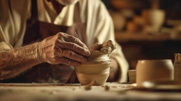 A potter using an advanced taping technique to create precise lines and shapes on a piece of pottery. photo