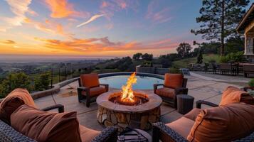 An elevated fire pit lounge area offering stunning views of the surrounding landscape while enjoying the warmth of the fire. 2d flat cartoon photo