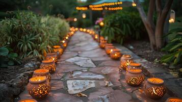 Guests marvel at the intricate handmade ceramic tea light holders that line the pathway to the outdoor DIY wedding ceremony. photo