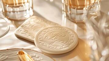 A creative and personalized set of embossed coasters featuring initials or monograms for a personal touch. photo