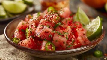 Chunks of juicy watermelon lightly dusted with chili powder offer a refreshing and unexpected burst of flavor photo