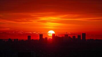 el asombroso visión de el ciudad horizonte silueta en contra el naranja y rojo matices de un ardiente puesta de sol. 2d plano dibujos animados foto