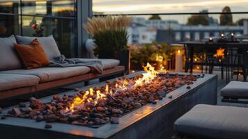 The rooftop setting creates a magical atmosphere enhanced by the glowing embers of the fire. 2d flat cartoon photo