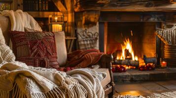 A quiet corner to curl up with a book and bask in the gentle heat of the crackling fireplace. 2d flat cartoon photo