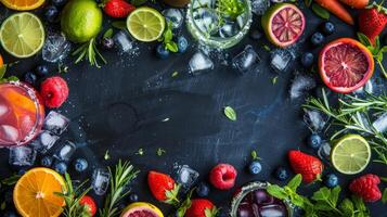 A variety of mocktail recipes and tips handwritten on a chalkboard surrounded by fresh fruits and herbs photo